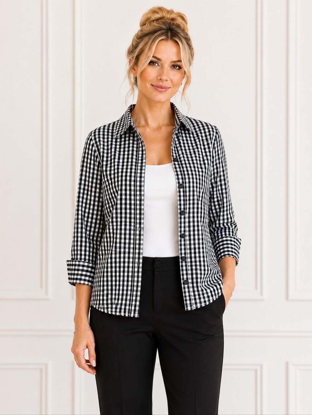 Foxcroft Black & White Gingham Button Front Blouse Size 14 | 3/4 Sleeve - Picture 3 of 9